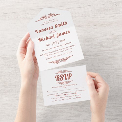 Vintage elements terracotta typography wedding all in one invitation