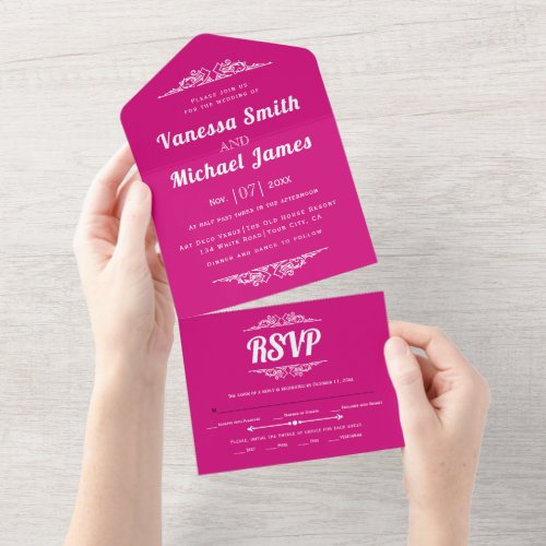 Vintage elements typography magenta pink wedding all in one invitation