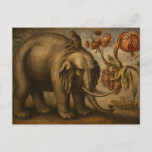 Vintage Elephant and Monkey Botanical Oil Painting