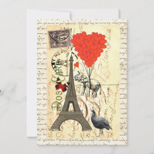 Vintage elephant and red heart balloons (Front)