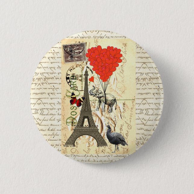 Vintage elephant and red heart balloons pinback button (Front)