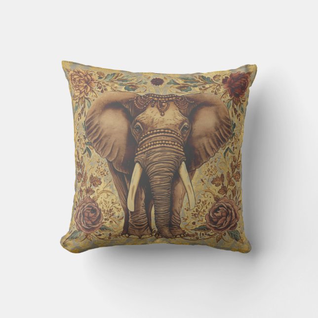 Vintage Elephant, Antique Elephant Flowers Pattern Throw Pillow (Front)