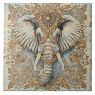 Vintage Elephant, Antique Elephant,Gold Soft Blue Ceramic Tile