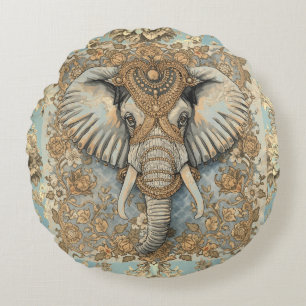 Vintage Elephant, Antique Elephant,Gold Soft Blue Round Pillow