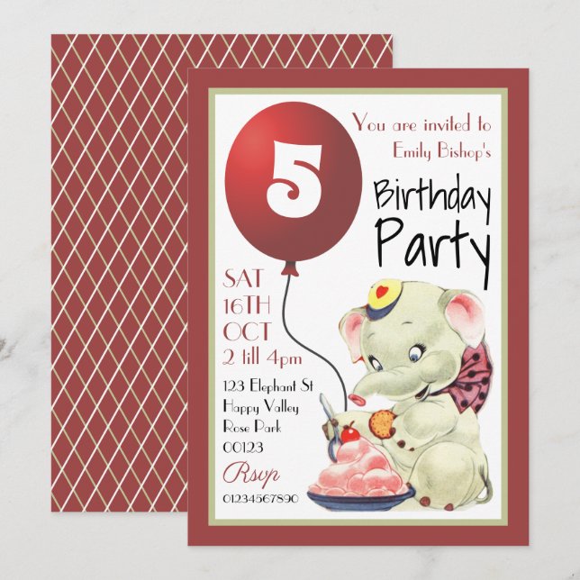 Vintage Elephant Birthday Party Invitation (Front/Back)