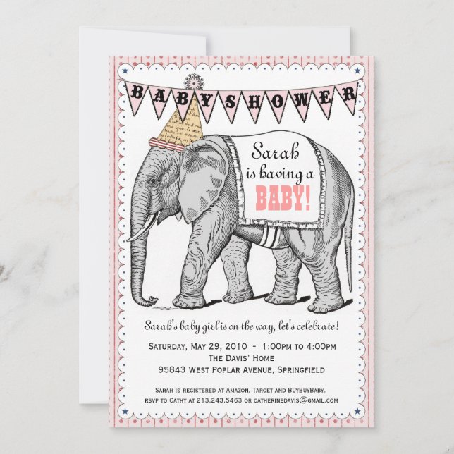 Vintage Elephant Circus Parade Baby Shower Invite (Front)