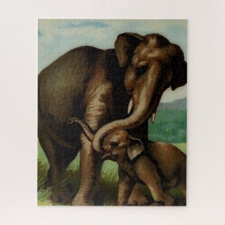 Vintage elephant cow with  her calf jigsaw puzzle