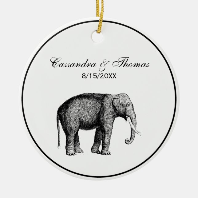 Vintage Elephant Drawing Ceramic Ornament (Front)