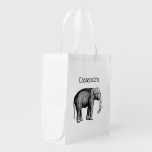 Vintage Elephant Drawing Reusable Grocery Bag