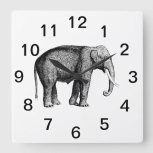 Vintage Elephant Drawing Square Wall Clock