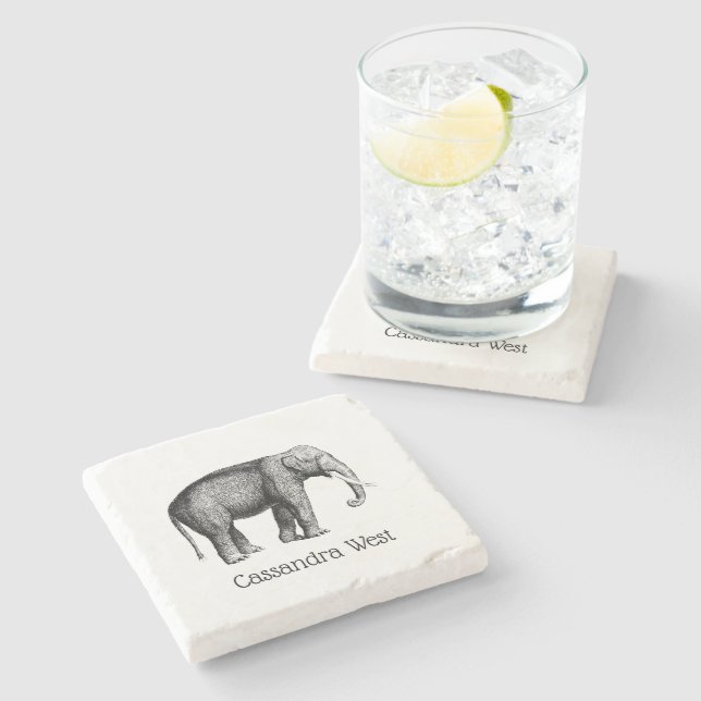 Vintage Elephant Drawing Stone Coaster (Side)
