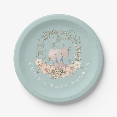 Vintage Elephant Florals Duck Egg Blue Baby Shower Paper Plates