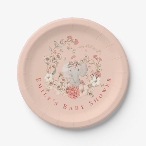 Vintage Elephant Florals Peach Girl Baby Shower Paper Plates