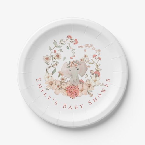 Vintage Elephant Florals White Girl Baby Shower Paper Plates