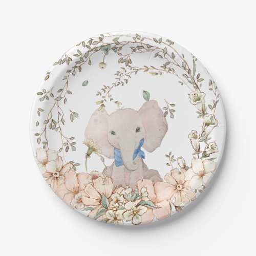 Vintage Elephant Foliage White Boy Baby Shower Paper Plates