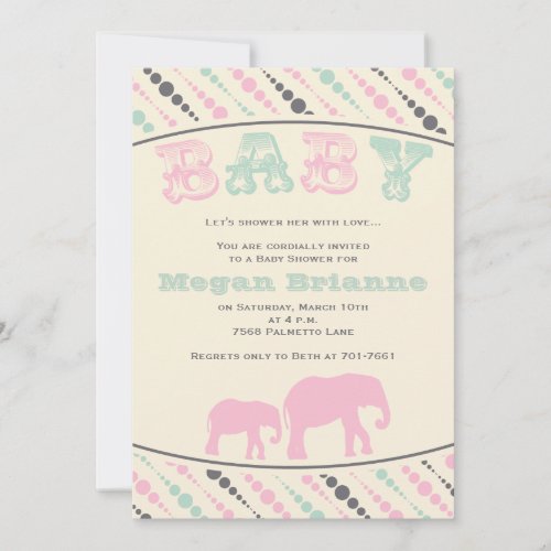 Vintage Elephant Girl baby shower invitation