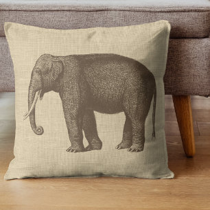 Vintage Elephant Illustration on Burlap Throw Pillow
