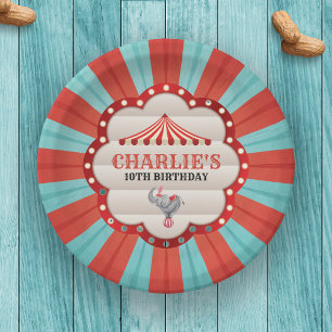 Vintage Elephant in Circus Red & Blue Pattern Paper Plates