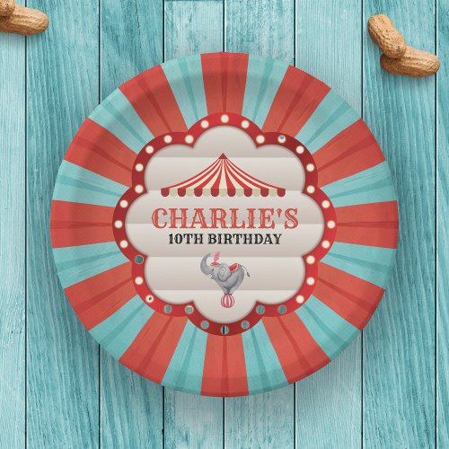 Vintage Elephant in Circus Red  Blue Pattern Paper Plates