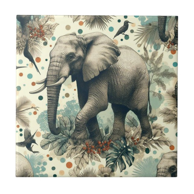Vintage Elephant Jungle Painting Ceramic Tile (Front)
