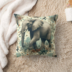 Vintage Elephant Jungle Painting Throw Pillow