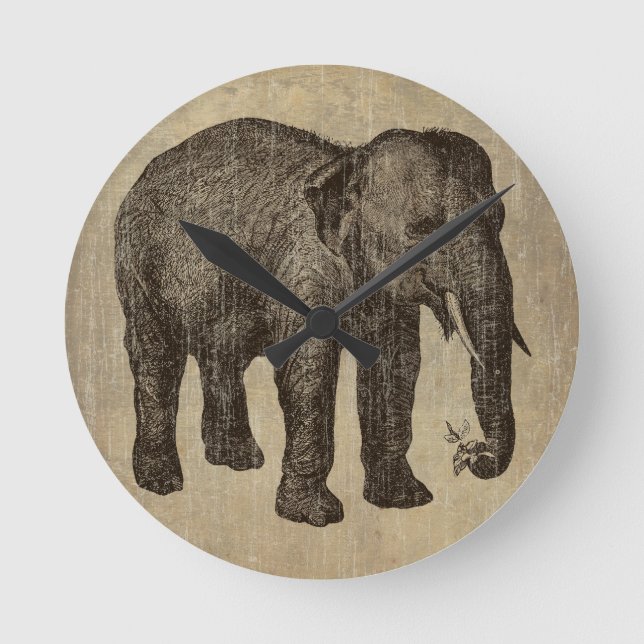 Vintage Elephant Round Clock (Front)