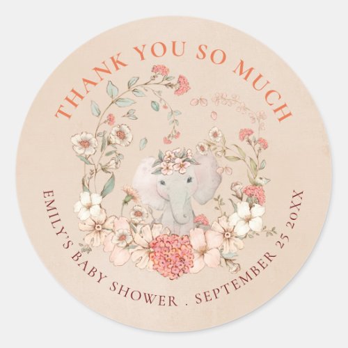 Vintage Elephant Thank You Peach Baby Shower Classic Round Sticker
