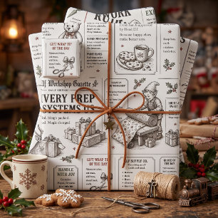 Vintage Elf Workshop Newspaper Christmas Wrapping Paper Sheets