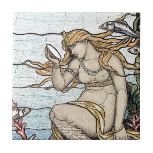 Vintage Elihu Vedder Mermaid Stained Glass Ceramic Tile (Front)