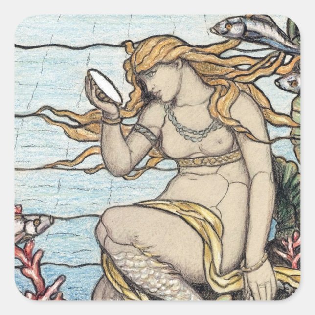 Vintage Elihu Vedder Mermaid Stained Glass Square Sticker (Front)