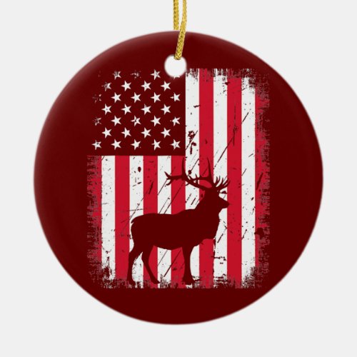 Vintage Elk US American Flag 4th Of July Ceramic Ornament