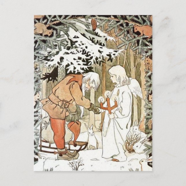 Vintage Elsa Beskow Christmas Angel Winter Scene Postcard (Front)