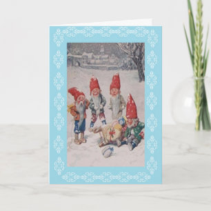 Vintage Elves and Sled Christmas Greeting Card