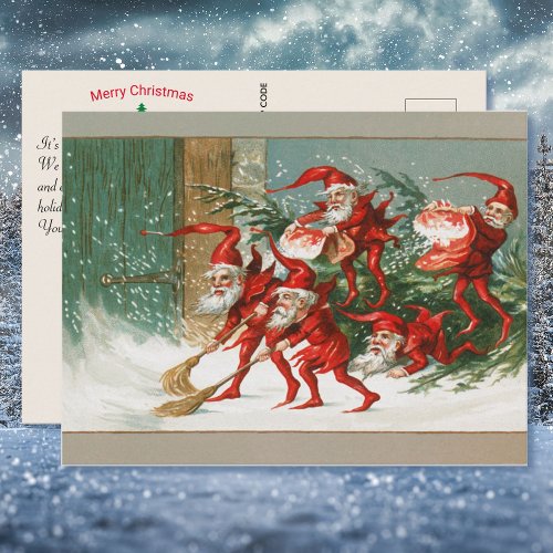 Vintage Elves in Red Merry Christmas Custom Note Postcard