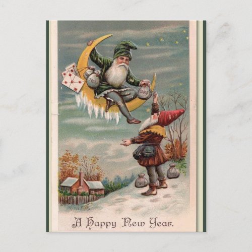 Vintage Elves With Bags of Coins Happy New Year Postcard