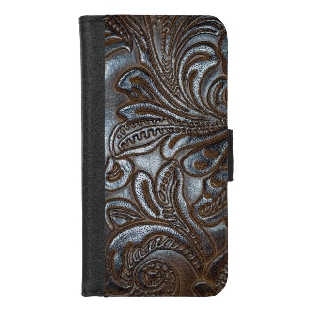 Vintage Embossed Brown Leather iPhone Wallet Case (Front)