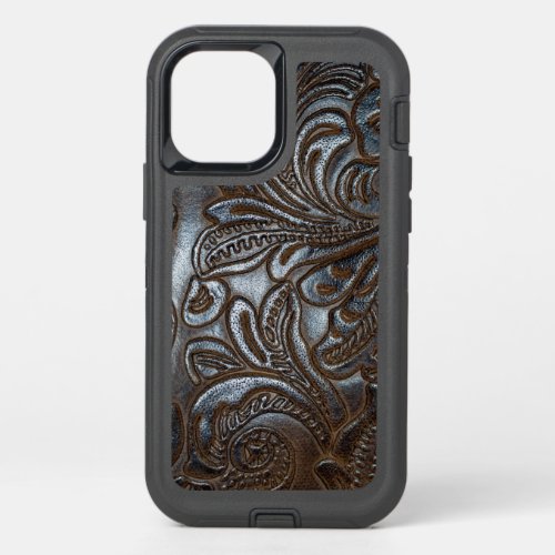 Vintage Embossed Brown Leather OtterBox Defender iPhone 12 Case