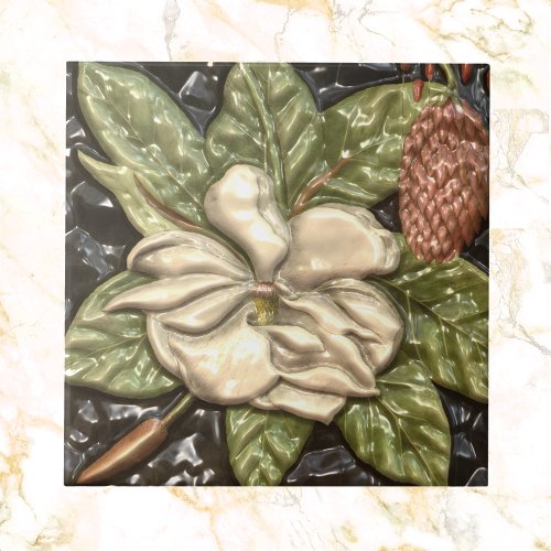 Vintage Embossed Look Magnolia Blossom Ceramic Tile