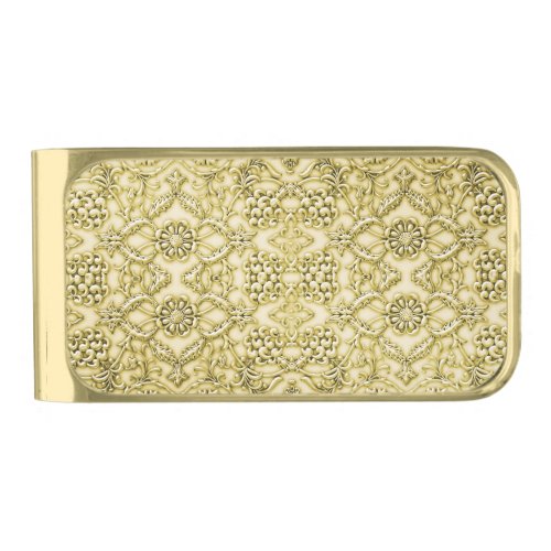 Vintage Embossed Metallic Gold Foil Floral Design Gold Finish Money Clip