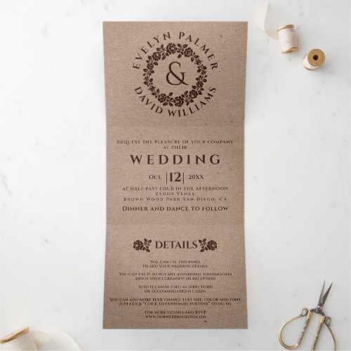 Vintage embossed rose wreath kraft paper wedding Tri_Fold invitation