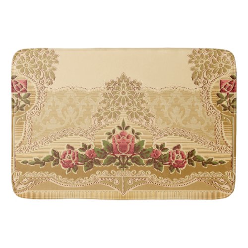 Vintage Embossed Style Gold and Red Floral Bath Mat