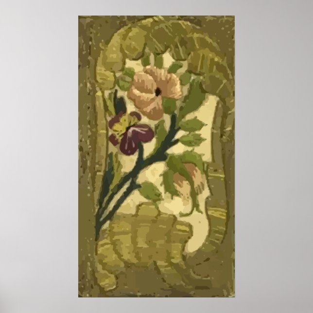 Vintage Embroidered Leaves and Flowers Poster (Front)