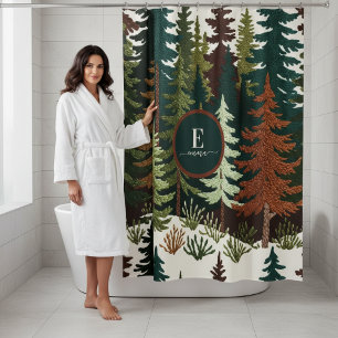 Vintage Embroidered Style Forest Woodland Monogram Shower Curtain
