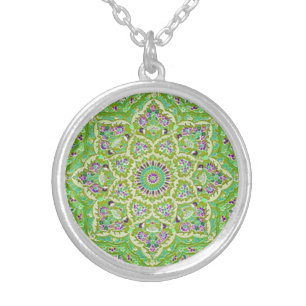 Vintage Embroidery, Green with Purple, geometric Silver Plated Necklace