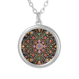 Vintage embroidery image, botanical, dark silver plated necklace