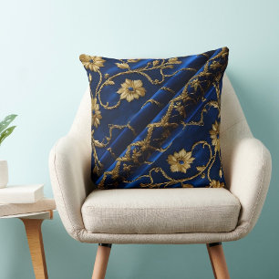 Vintage Embroidery look Blue Gold Flowers Throw Pillow