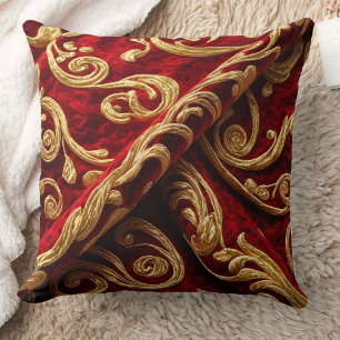 Vintage Embroidery look Red Gold Swirls Throw Pillow