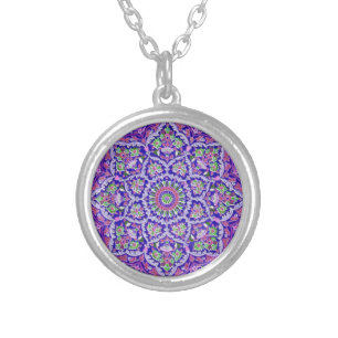 Vintage embroidery, purple with green, geometric silver plated necklace