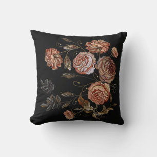 Vintage embroidery: roses on black. throw pillow