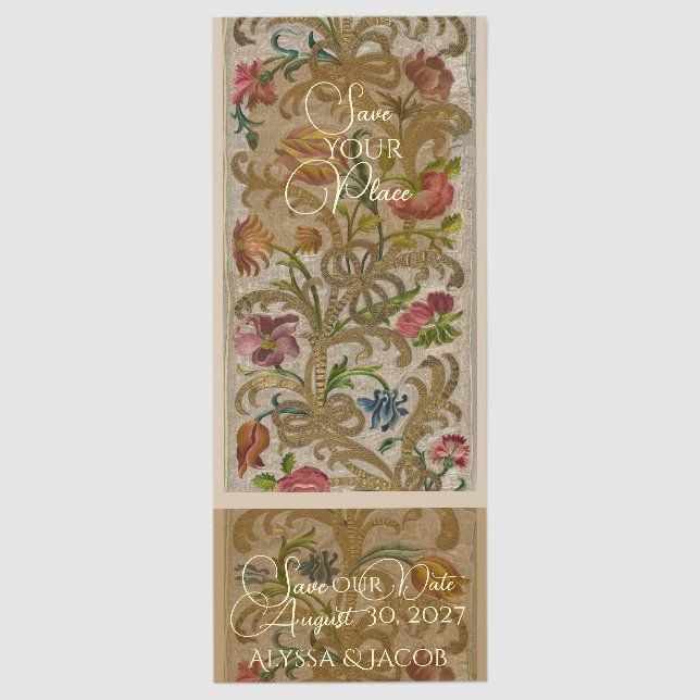 Vintage Embroidery Save the Date Bookmark Ticket (Front)